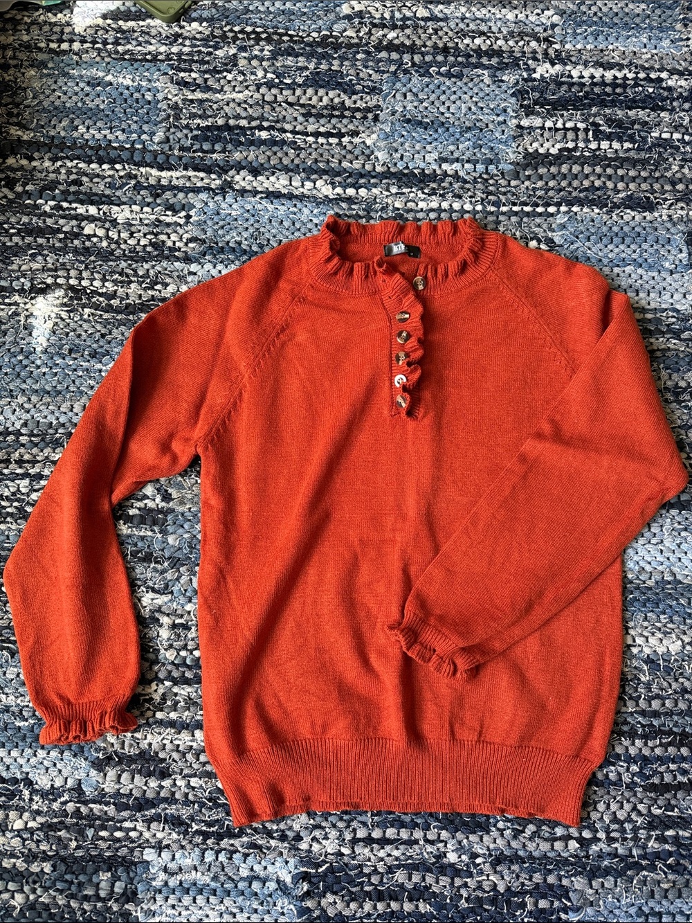 BOGO BTFBM Ruffled Henley Crewneck Sweater in Burnt Orange